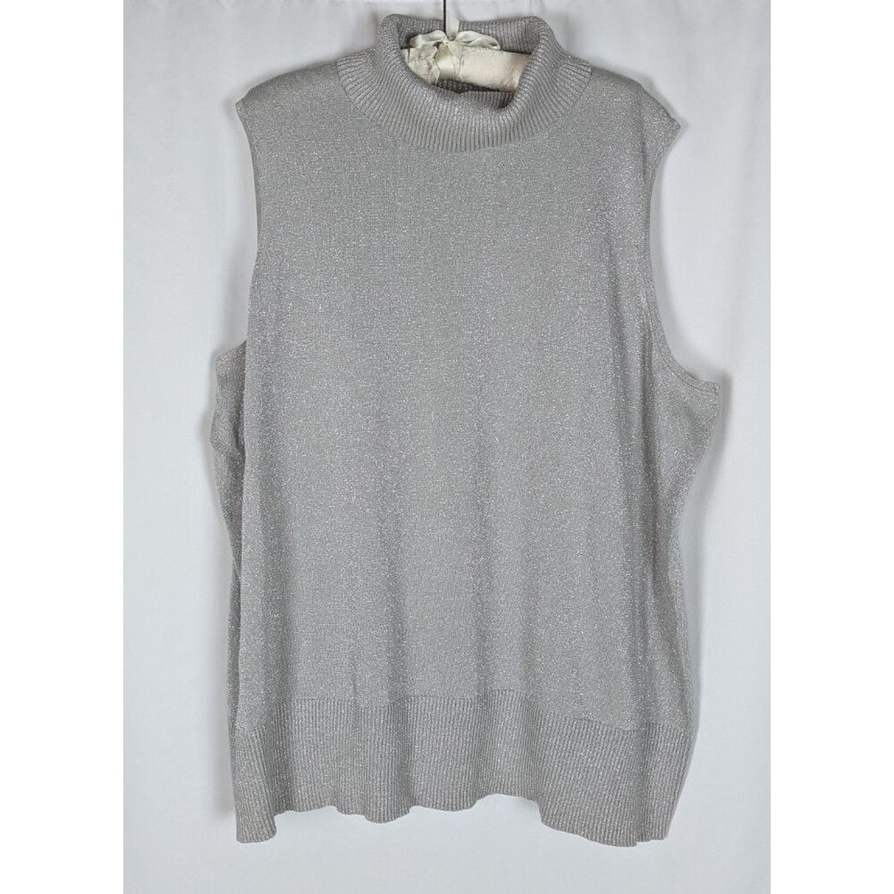 NWT Catherines Silver Glitter Metallic Knit Sleeveless Turtleneck Shell 3X